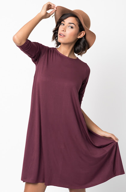 Shop for Red Brown Shirred Back Midi 3/4 sleeve jersey dress crew neck online on caralase.com
