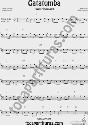 Partitura de Gatatumba de Trombón tuba y bombardino Villancico, para tocar con la música del vídeo como si fuese Karaoke, partituras de Villancico   Christmas carol Gatatumba Trombone sheet music
