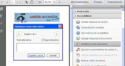 Ventana emergente 'Establecer texto alternativo' de Adobe Acrobat XI Pro. Tiene un textarea para incluir texto alternativo y un check para indicar que es una imagen decorativa, para cada una de las imágenes del documento.