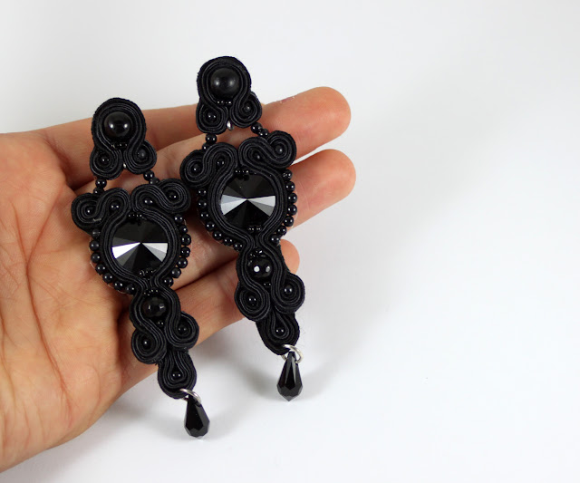 Elegant earrings, black soutache, jewelry, handmade, long drop earrings