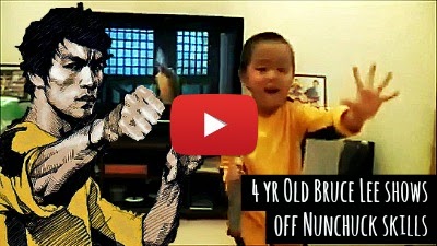 Watch this little 4 year old Kungfu fighter show his insane speed, reflexes and hand control with Nunchucks as he imitates the same watching Legendary Martial artist Bruce Lee's skills with Nunchucks via geniushowto.blogspot.com martial art videos