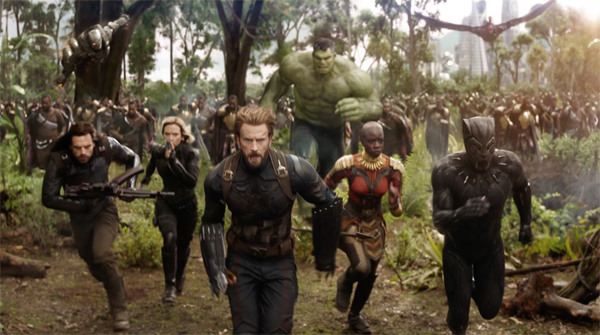 screencap from Avengers: Infinity War showing the Hulk, Black Panther, Okoye, Captain America, Black Widow, Bucky Barnes, and a Wakandan army running into battle