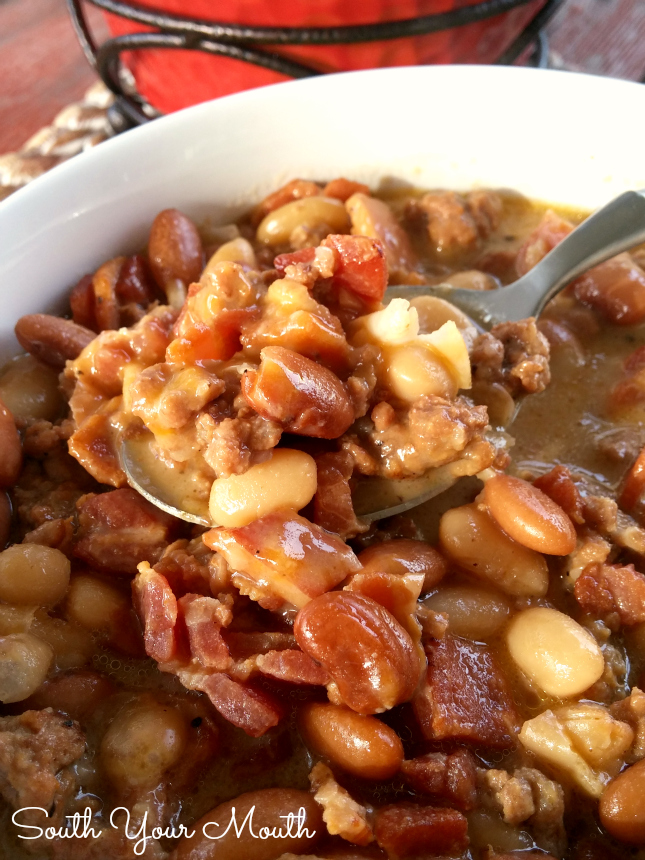 Bean & Bacon Cheeseburger Soup! All the smoky goodness of tradition Bean & Bacon soup with chunks of ground beef and gobs of creamy cheese. 