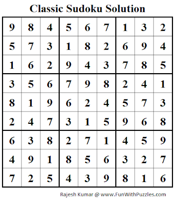 Classic Sudoku (Fun With Sudoku #45) Solution