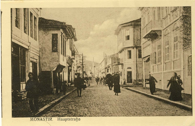 Shirok Sokak (The main street in Bitola) around 1915. Look toward north. The photo is made from the location of current Bar-Restaurant "Korzo". Most of the houses in the foreground of this photograph were destroyed by bombing in the years 1916-1918.