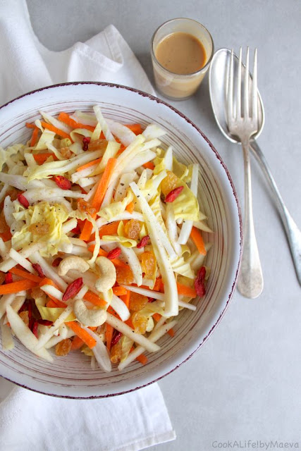 Raw Spring pointed cabbage, fennel, carrot and apple salad, almond butter and soy sauce seasoning • Cook A Life! by Maeva