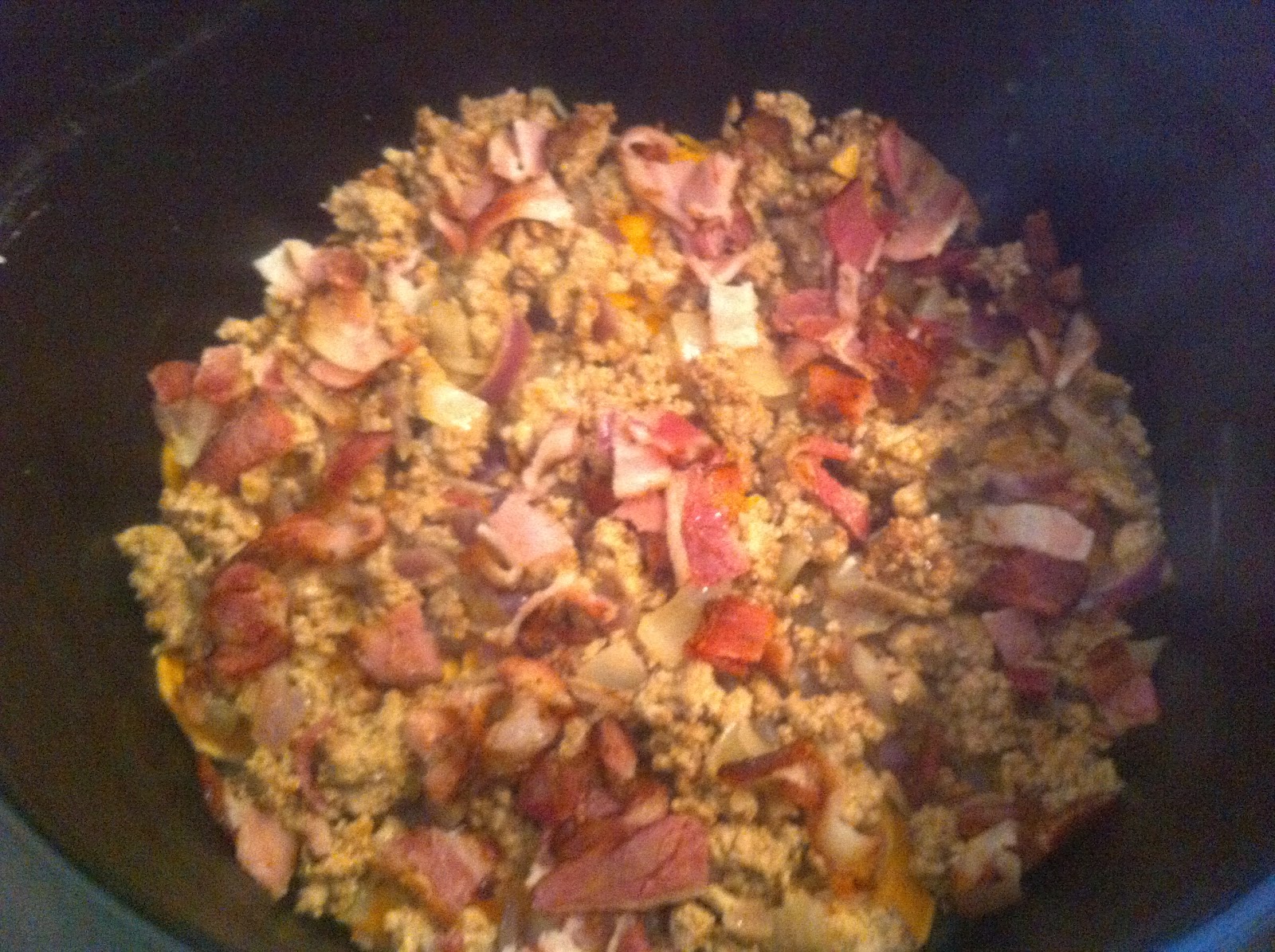 Cook bacon in a large skillet; set aside once crisp. Add onions ...