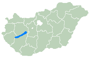 A green Map  of Hungary, with Lake Balaton's location colored in blue