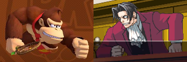 Donkey Kong Mario Tennis Aces lose Miles Edgeworth Ace Attorney dismayed teeth angry pupils fist slamming table