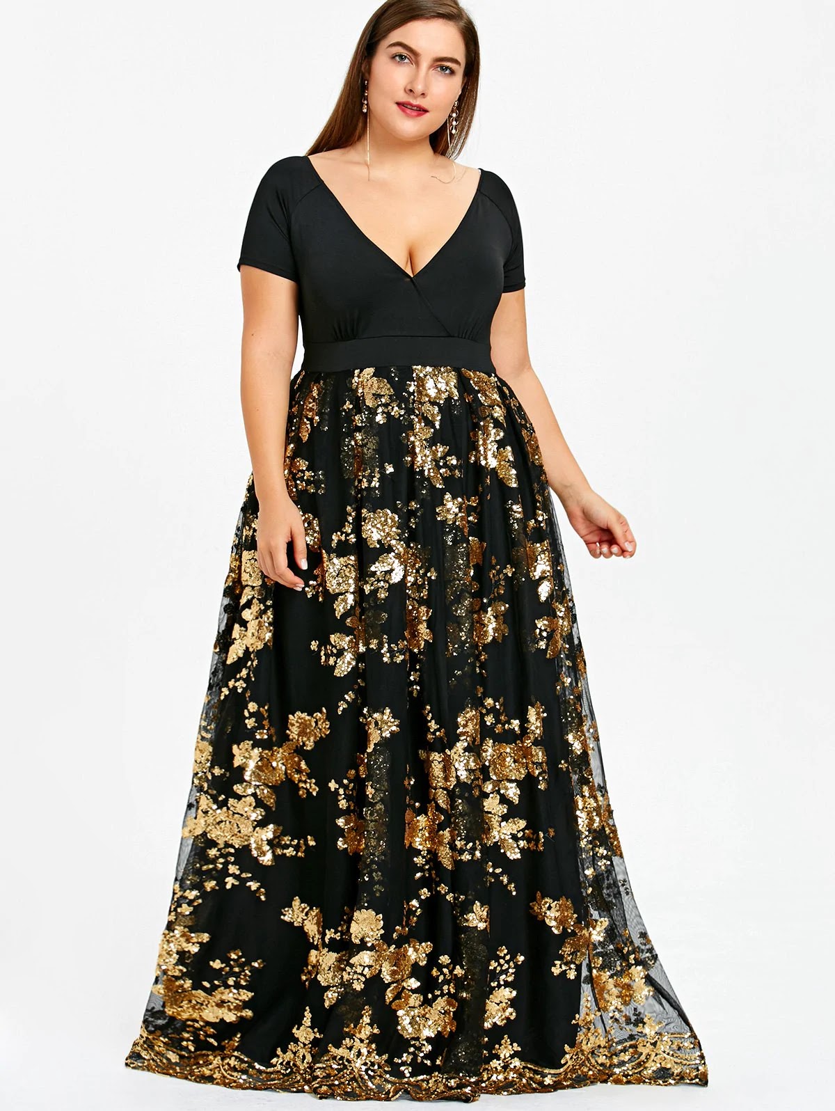 Plus Size Sequined Floral Maxi Formal Dress