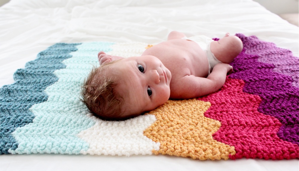 Vintage Hand Knit Rainbow Chevron Baby Newborn Small Blanket 27 X 30
