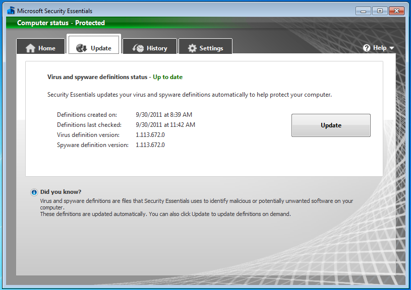 Problems updating microsoft security essentials