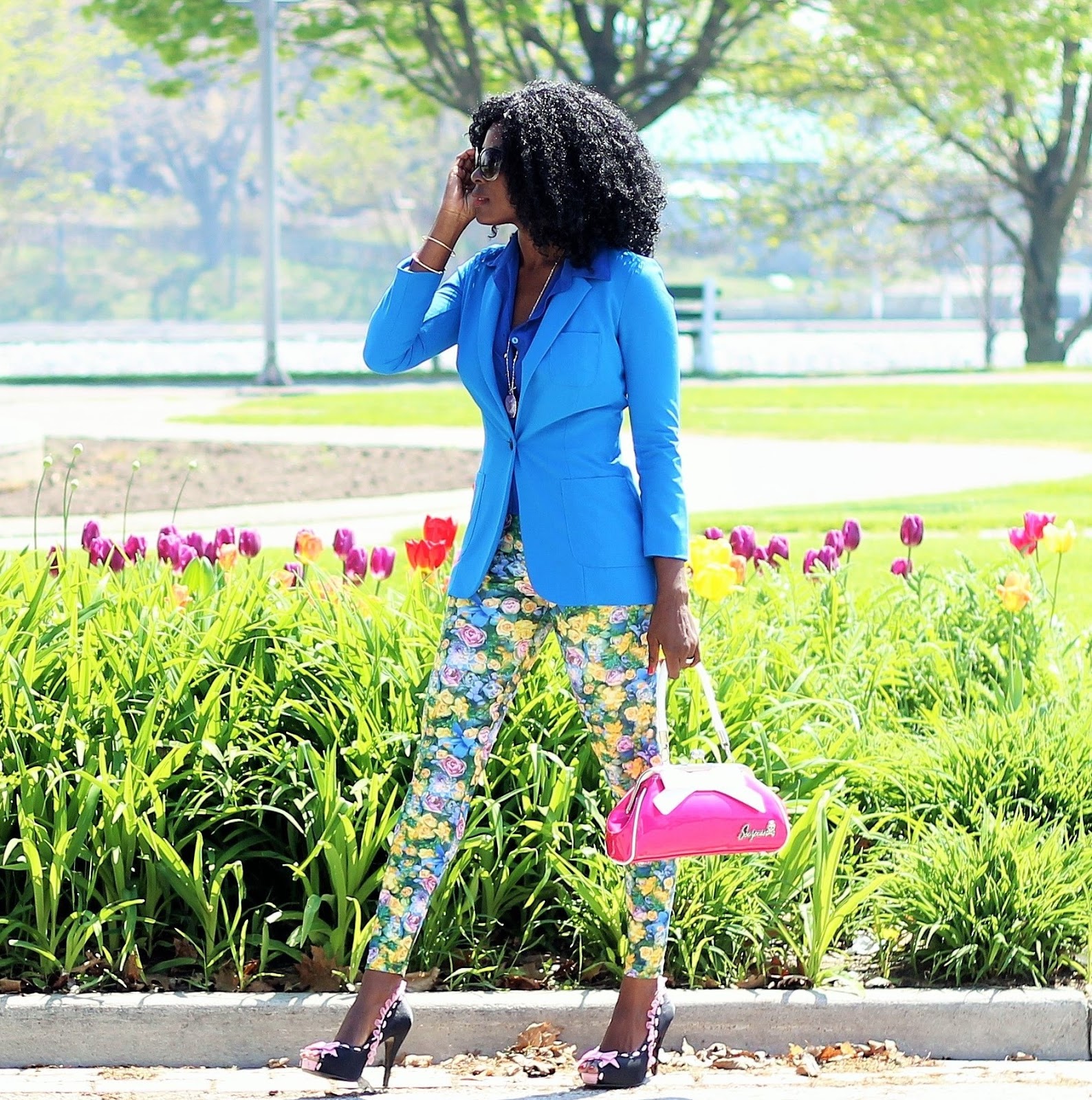 Blue Blazer styled with floral print pants by American Apparel