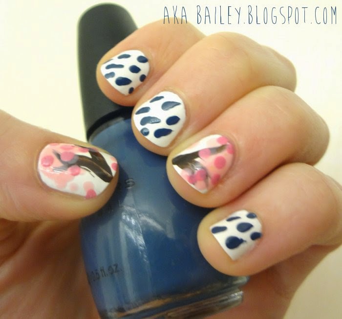 Blue rain drop nails on white background, with cherry blossom tree