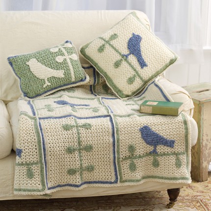 Bird on Branch Throw With Pillows - Free Pattern
