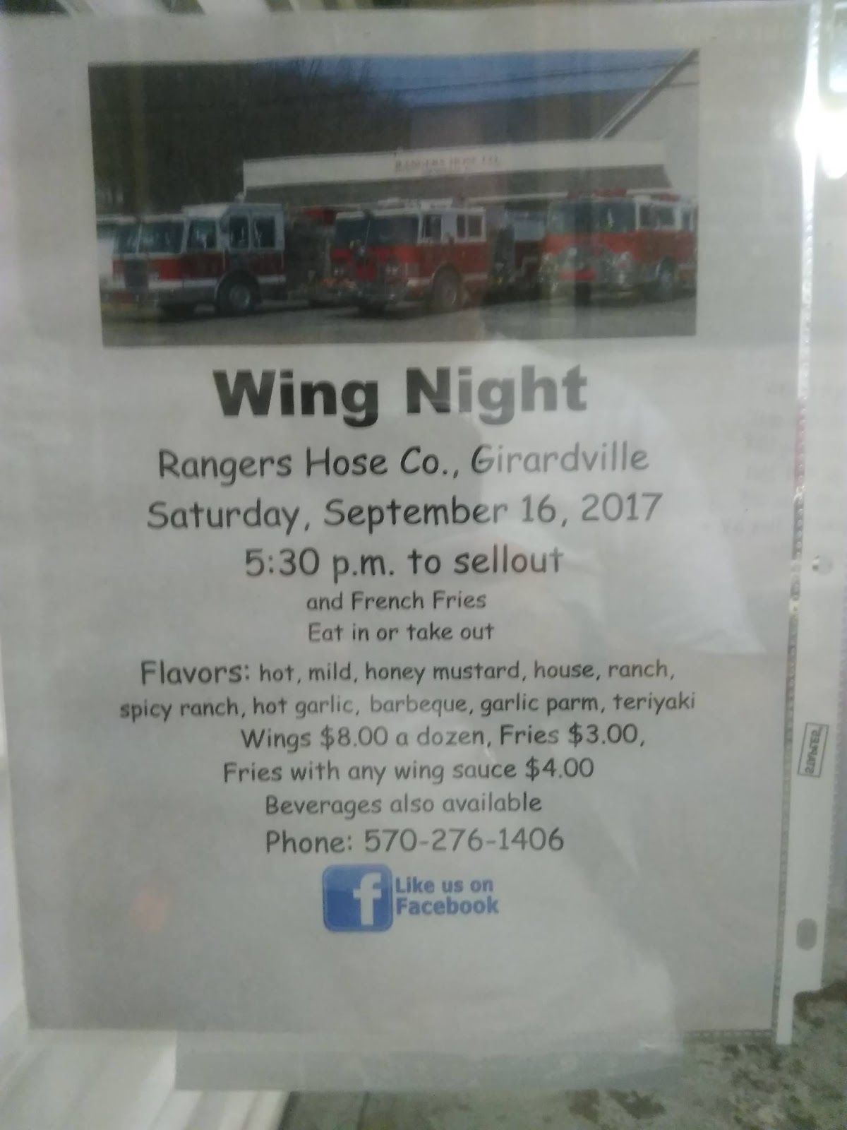 Girardville Rangers Hose Company Wing Night Scheduled for September