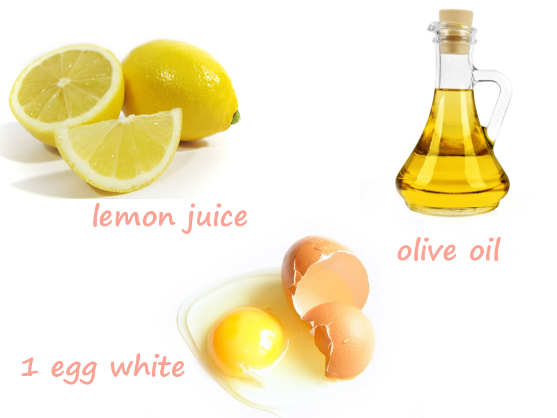 collage that explains a recipe for natural, homemade skin care mask with for enlarged pores that has lemon and egg whites