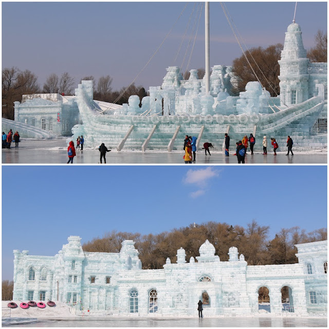 Giant ship and Palace in Ice Sculpture at Harbin Snow Sculpture Art Expo in Heilongjiang province, China Giant ship and Palace in Ice Sculpture at Harbin Snow Sculpture Art Expo in Heilongjiang province, China