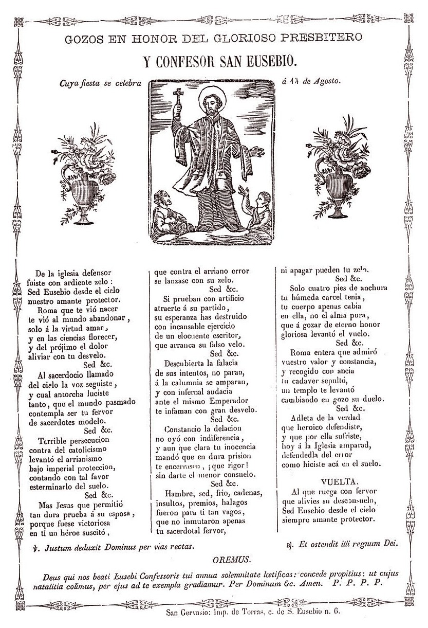 biblio goigs Gozos de san Eusebio, la seva festa és el dia 14 d'agost