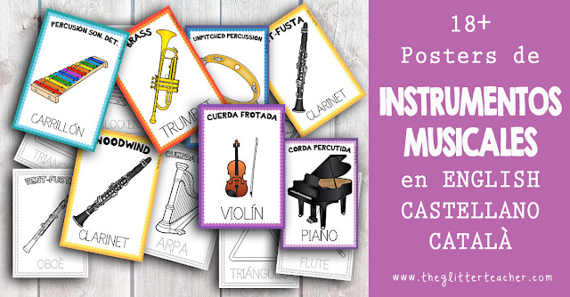 Posters de instrumentos musicales y sus familias en inglés, castellano y catalán en color y blanco y negro