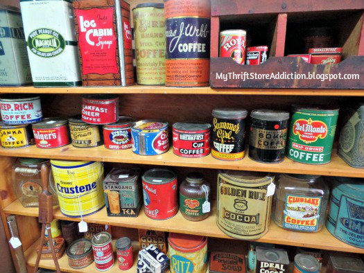 Friday's Find: Skip the Crowds & Browse Charming Mason mythriftstoreaddiction.blogspot.com Vintage tin display at  Cherokee Rose Antiques and Books in Mason, Texas
