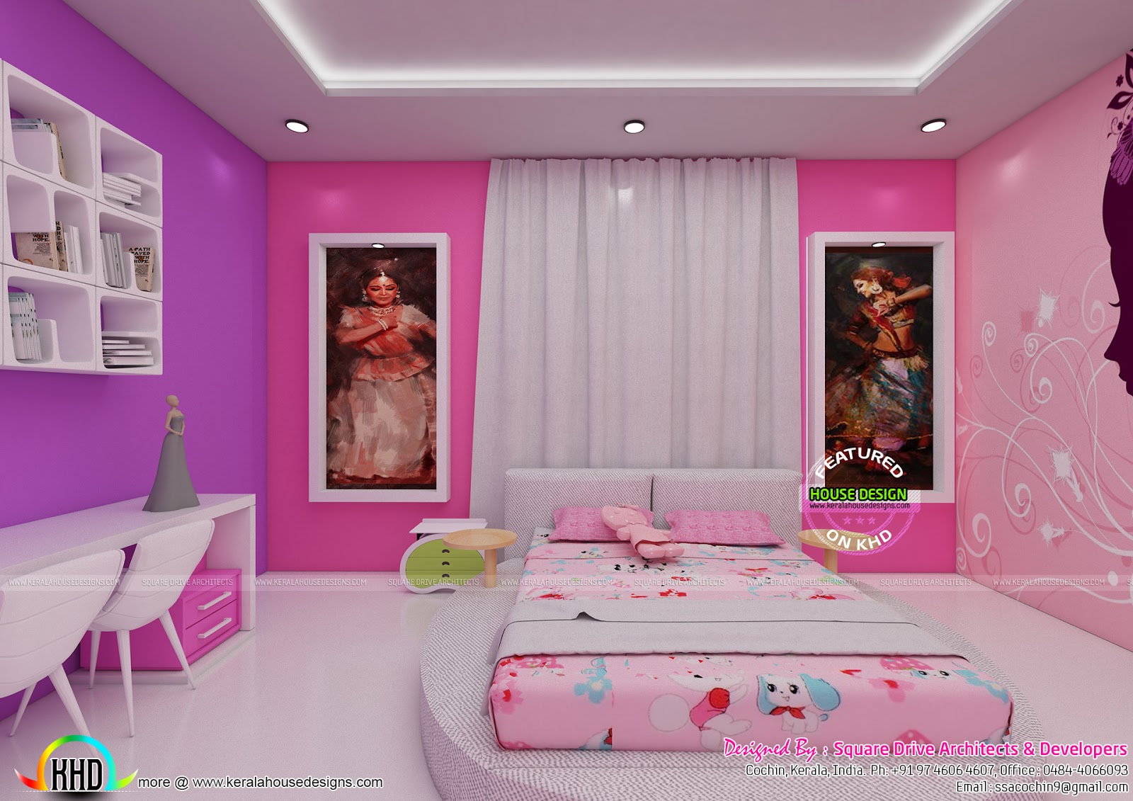 Living room, bedroom, pink colored girls bedroom - Kerala home Living room, bedroom, pink colored girls bedroom - Kerala home