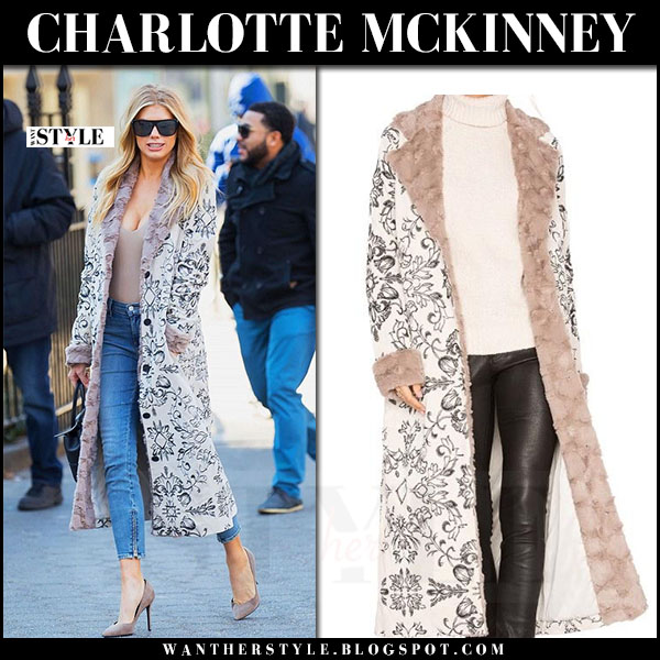 Charlotte McKinney in fur collar printed coat and suede pumps in New