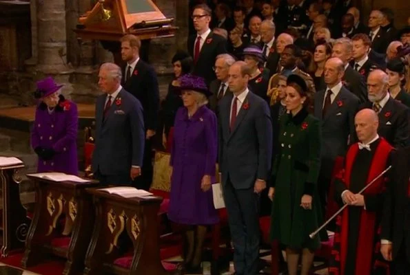 Kate Middleton, Meghan Markle, Prince William, Prince Harry, Queen Elizabeth attend Armistice Day 2018. Catherine Walker coat