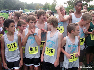 Swift Creek Middle School's 2016 boys' cross country team wait for the start of their race at the fourth annual Mustang Stampede. Swift Creek boys' cross country team