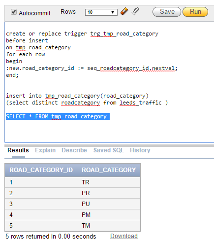 Proof of Data Insertion in tmp_road_category