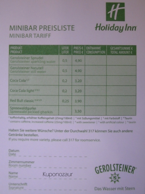 Holiday Inn Berlin Centre Alexanderplatz ceny w minibarze