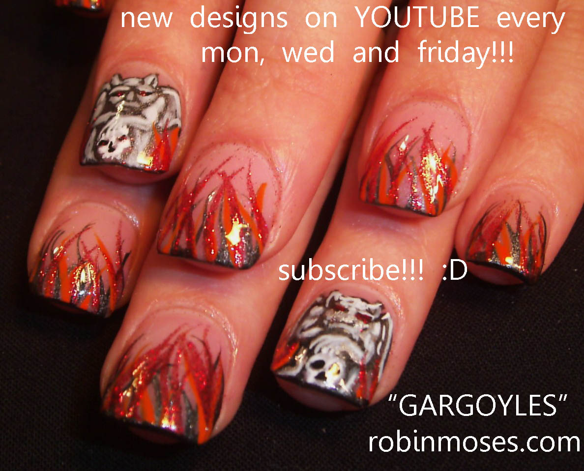 Robin Moses Nail Art gargoyle nail art, red rose nail art, smokey grey