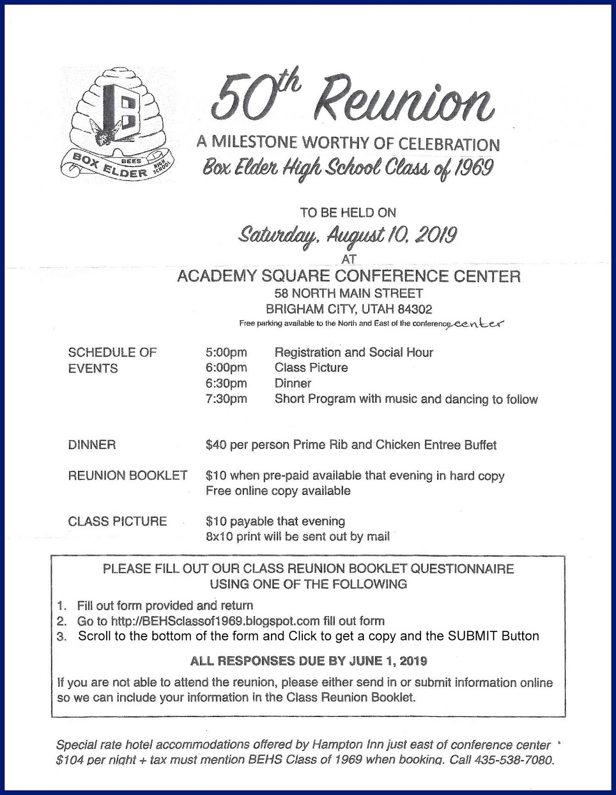 Box elder high school class of 1969 2019 class reunion questionnaire