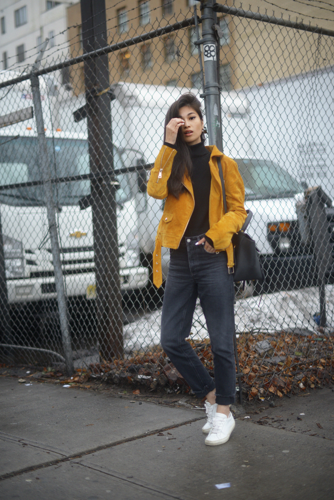 H&M Suede Moto Yellow Jacket and GRLFRND Denim / FOREVERVANNY.com