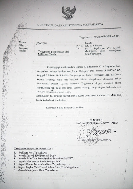 Di Yogyakarta Non-Pribumi Dilarang Memiliki Hak atas Tanah, Mau Bilang Sri Sultan Rasis? Gambar Surat Gub ke R Wibisono - Di Yogyakarta Non-Pribumi Dilarang Memiliki Hak atas Tanah, Mau Bilang Sri Sultan Rasis?