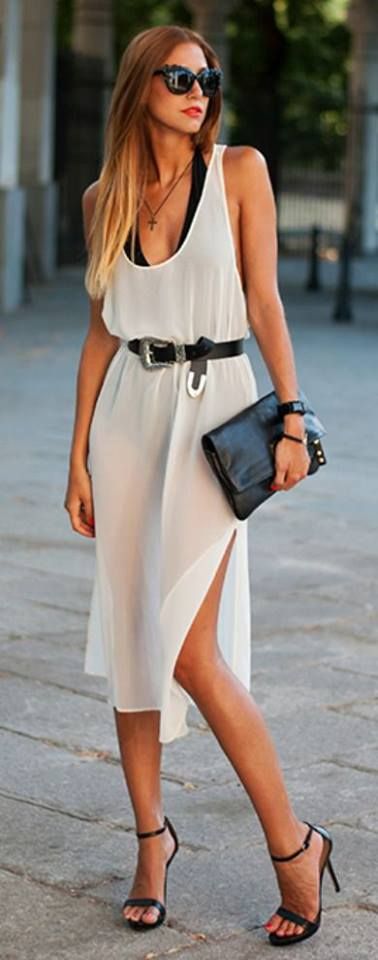 Street style belted slit off white dress | Just a Pretty Style