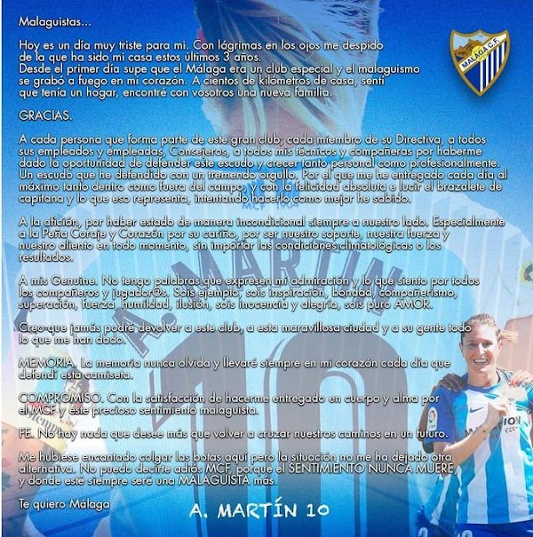 Málaga CF Femenino, carta de despedida de Adriana Martín