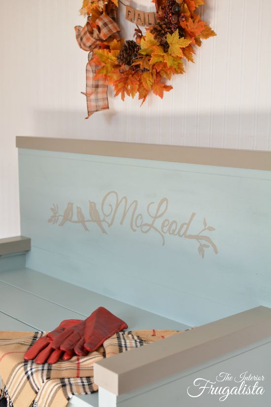 A hand painted graphic on a headboard bench