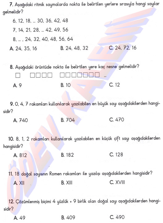3. Sinif Matematik Dersi Doğal Sayilar Test - Ödev Kalemi
