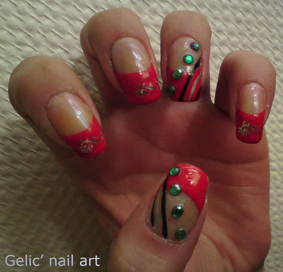 Gelic' nail art: Red funky french with green rhinestones and silver ...