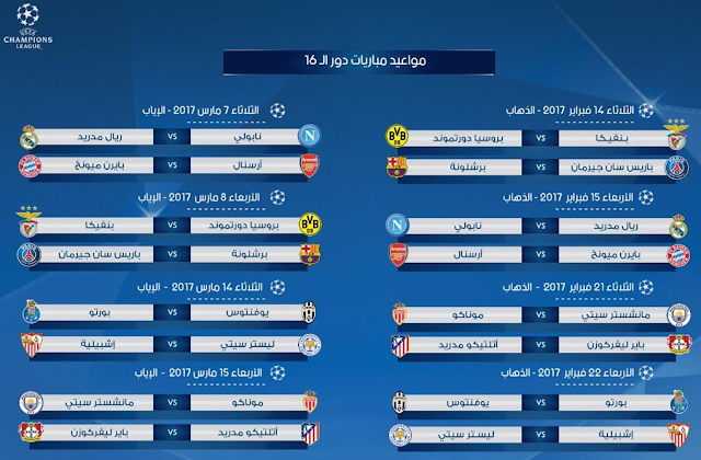 مواعيد مباريات دور الـ16 بدوري أبطال أوروبا 2017 والقنوات الناقلة مواعيد مباريات دور الـ16 بدوري أبطال أوروبا 2017 والقنوات الناقلة