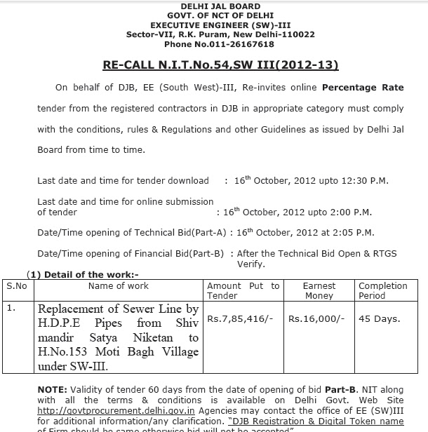 All Tenders Information DELHI JAL BOARD GOVT. OF NCT OF DELHI