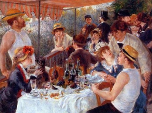 Amigos de Renoir relaxando em uma varanda ao longo do rio Sena - Renoir. Amigos de Renoir relaxando em uma varanda ao longo do rio Sena, pintura de Renoir. #PraCegoVer