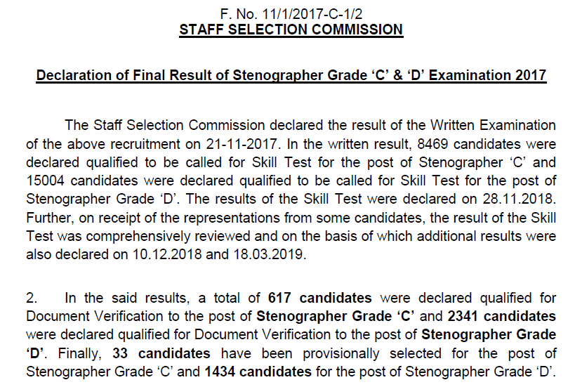 SSC Stenographer Grade C D Examination 2017 Result