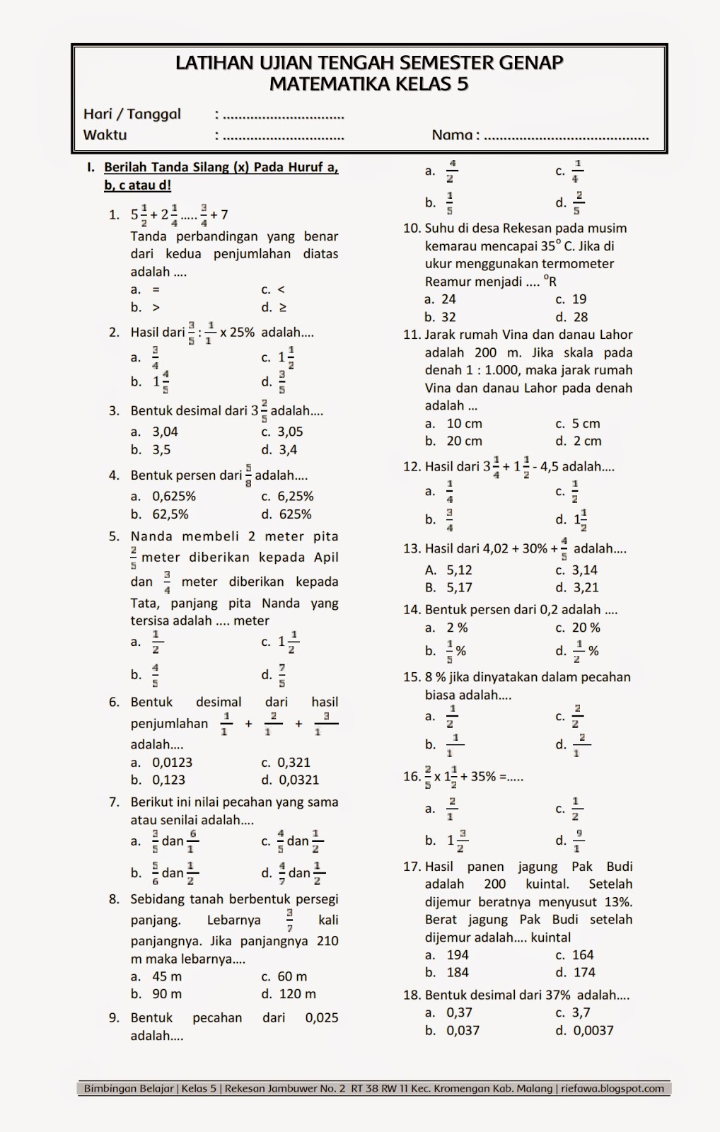 Soal Matematika Kelas 5 Liter Soal Ukk Pat Matematika Kelas 5 K13 ...