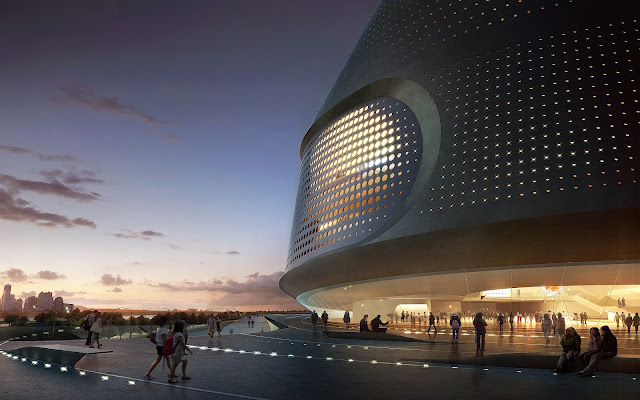 Photo of proposed museum entrance at sunset with people walking around