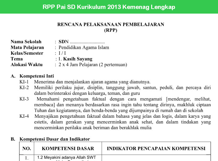 RPP Pai SD Kurikulum 2013 Kemenag Lengkap RPP Pai SD Kurikulum 2013 Kemenag Lengkap