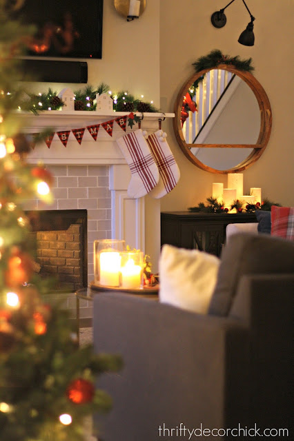 Red and white Christmas mantel