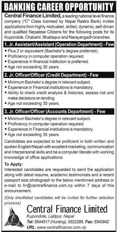 Banking Career Opportunity at Central Finance Limited