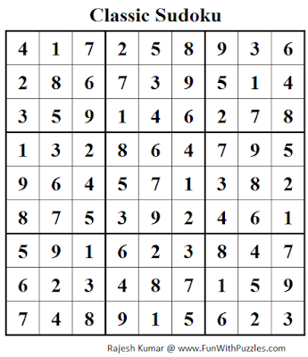 Classic Sudoku (Fun With Sudoku #98) Solution